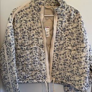 Blue and tan floral bomber jacket